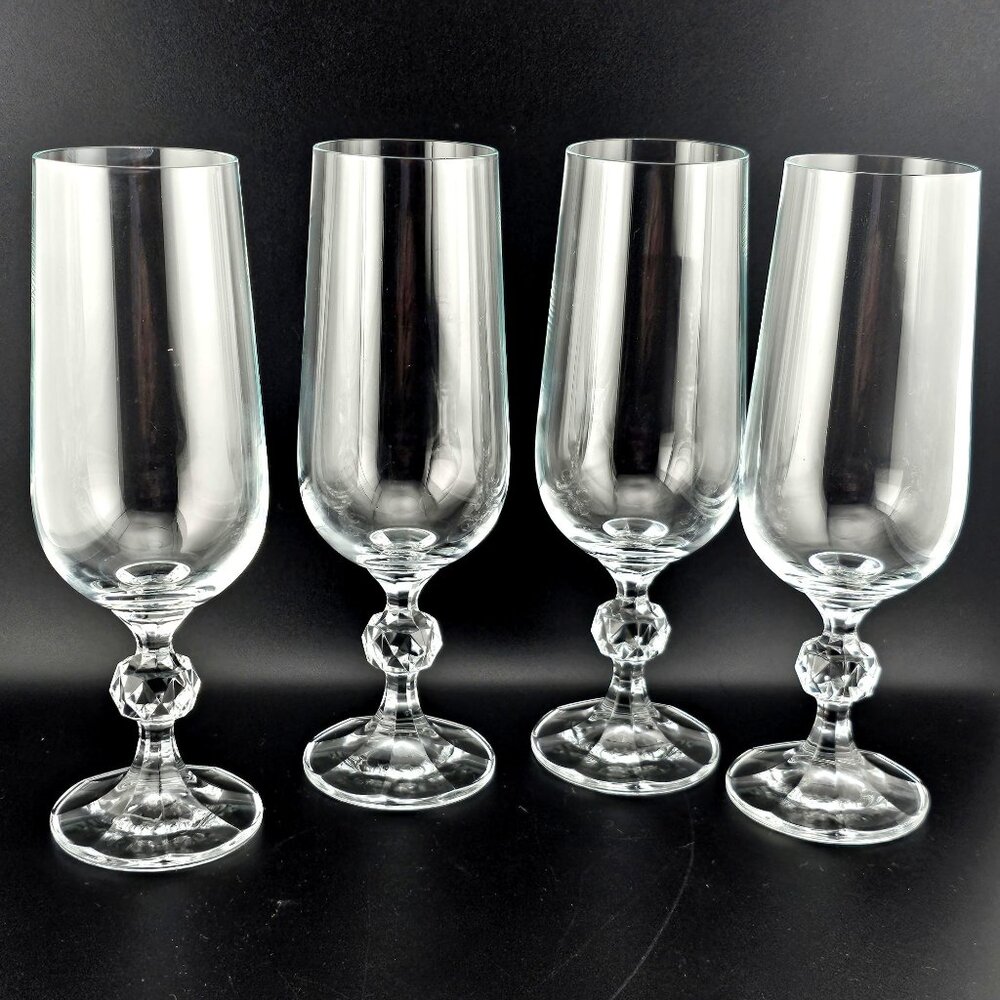 1980 Import Assoc Claudia Champagne Flute 4pc diamond ball stem made in Poland